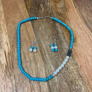 Turquoise, Pearl, and Laborite Necklace w/ 2 earring sets - handmade